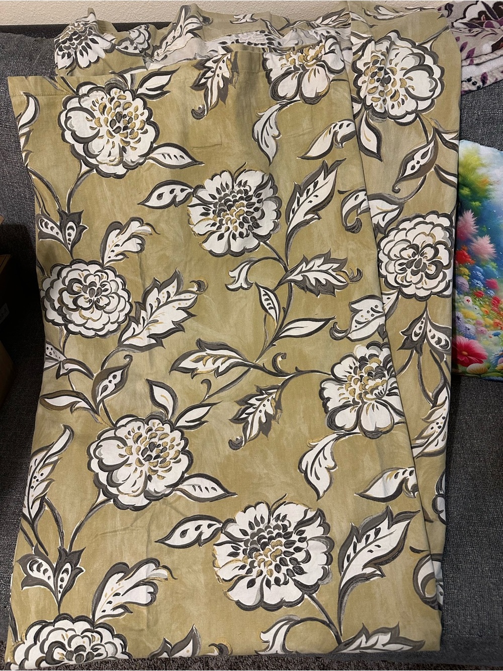 Pier 1 Olive Green Floral Curtains with White and Gray Blooms 54x85 6 panels